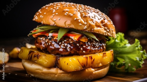 A macro shot of a sweet and savory teriyaki pineapple burger.
