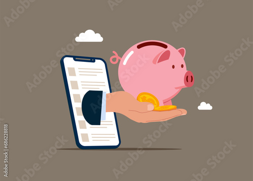 Good accumulation. Big hand showing and offer piggy bank. Begin savings to achieve financial goal. Flat vector illustration