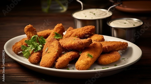 A plate of Cajun-seasoned catfish nuggets served with remoulade sauce.