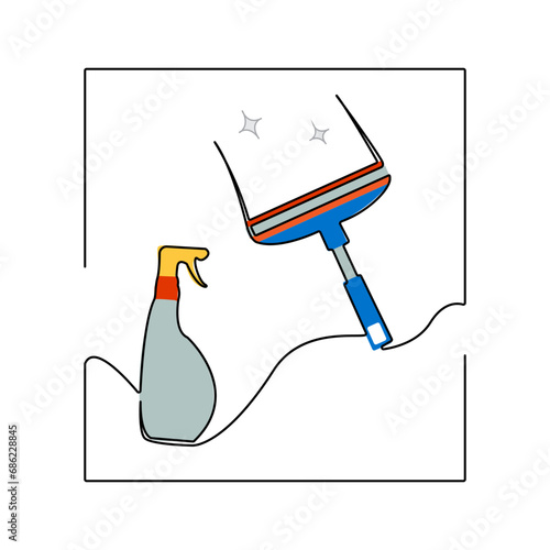 cleaning tools glass window, glass scraper glides over the glass. making it clean, spray glass clean, flat design vector, line art continue, isolated on white background eps 10