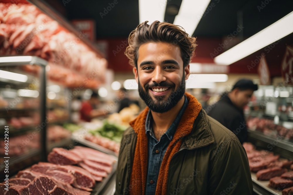 Young smiling bearded handsome man standing at the meat counter.