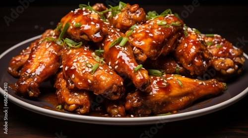A plate of golden-brown chicken wings coated in a sweet and spicy glaze.