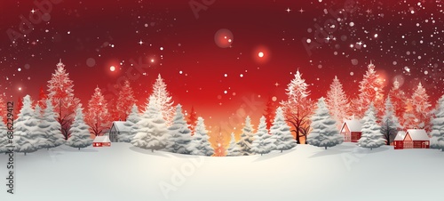 Merry Christmas and Happy New Year wide screen background, Christmas Tree with lights and snow. Red theme with snowfall.