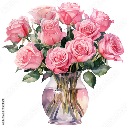 Watercolor pink roses in glass vase.