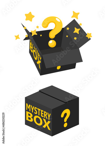 Open and Close Black mystery gift box and question icon isolated on white background. Random reward present secret loot box isometric concept. Vector illustration cartoon flat design.