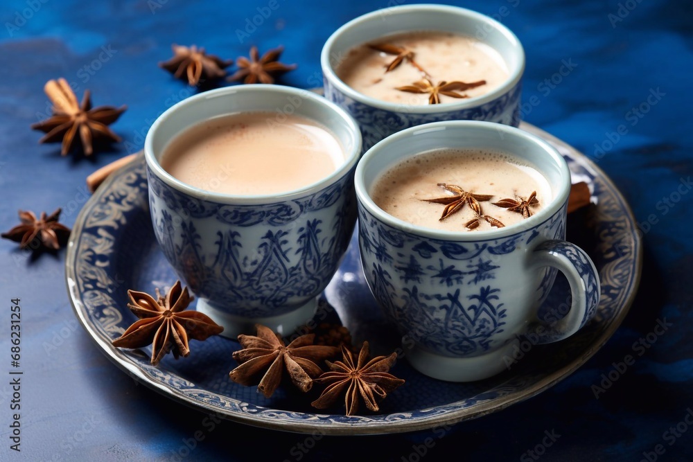 Masala tea traditional hot Indian sweet milk spiced drink in blue ceramic cups. Spices cinnamon sticks, cardamom pods, star anise on a tray. Blue background Masala tea traditional hot Indian sweet milk spiced drink in blue ceramic cups. Spices cinnamon sticks, cardamom pods, star anise on a tray. Blue background