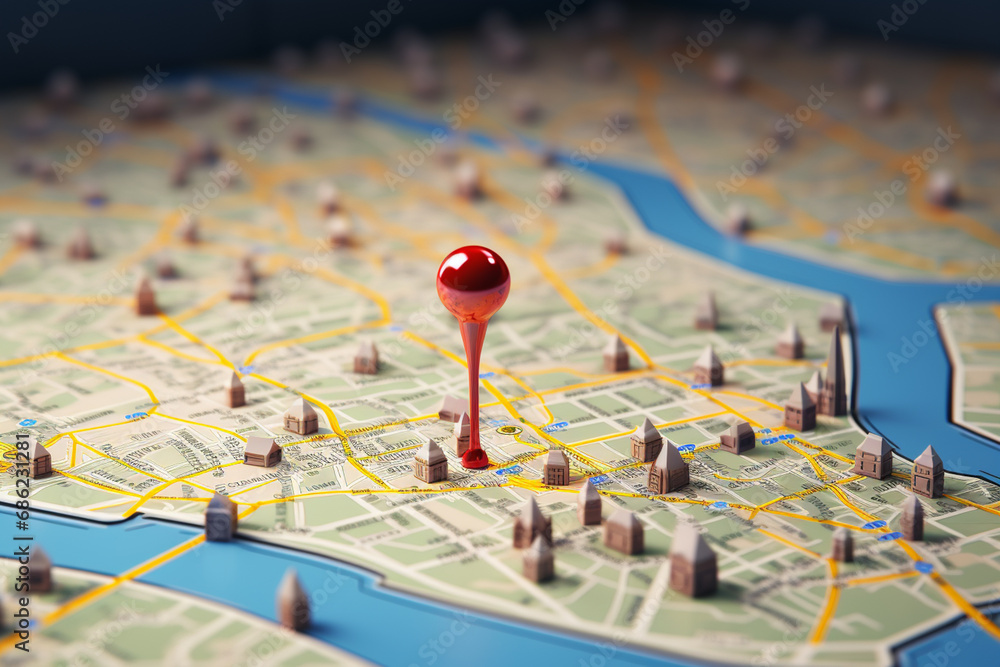 3d illustration of a map with a red pin on it. 3d illustration of a map with a red pin on it.