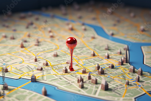 3d illustration of a map with a red pin on it.