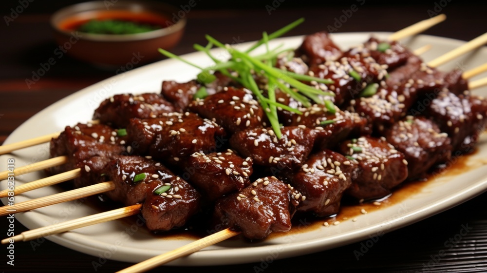 A plate of teriyaki-glazed beef skewers with sesame seeds and green onions.