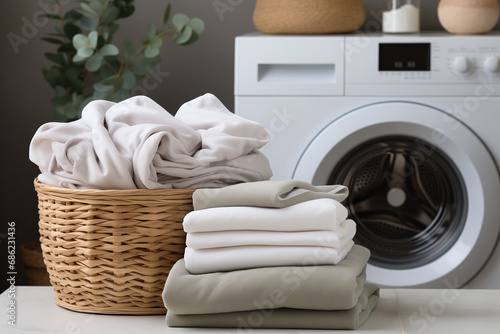 Laundry basket with white and beige towels on the background of the washing machine in the laundty room © KatyaPulina