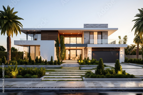 Exterior of a modern house with a beautiful landscaped garden. © StockHaven