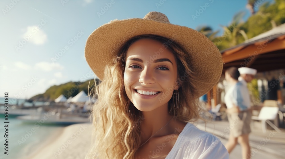 closeup shot of a good looking female tourist. Enjoy free time outdoors near the sea on the beach. Looking at the camera while relaxing on a clear day Poses for travel selfies smiling happy tropical