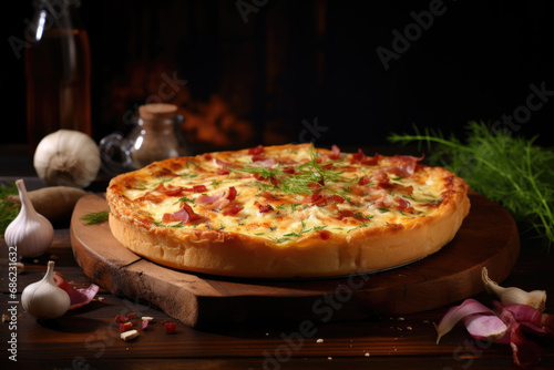 Quiche Lorraine on wooden table. Traditional French cuisine