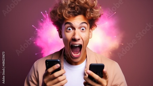 excited young man play games by mobile phone make winner gesture. male winning mobile gambling. Wow face expression. Esport streaming game online, surprise, gamer, online, earning, new generation