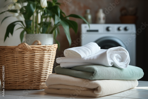 Laundry basket with pastel color towels on the background of the washing machine