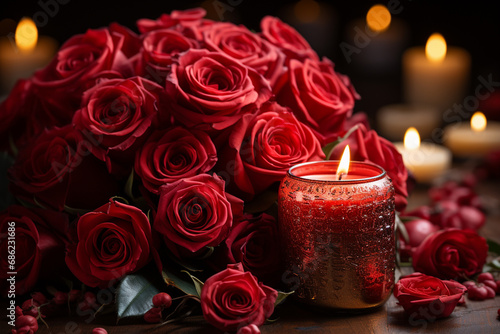 Bouquet of red roses and burning candles on wooden table  closeup