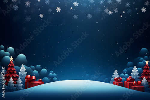 Festlicher Wintertraum - Illustration einer winterlichen Landschaft mit Weihnachtsbäumen, Geschenken und festlichem Schmuck