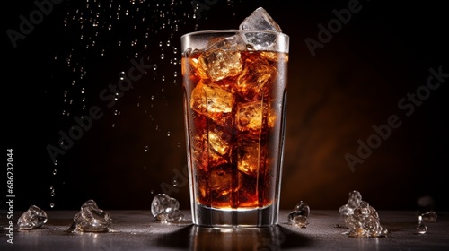 A refreshing cola with ice cubes, condensation glistening on the side of the glass.