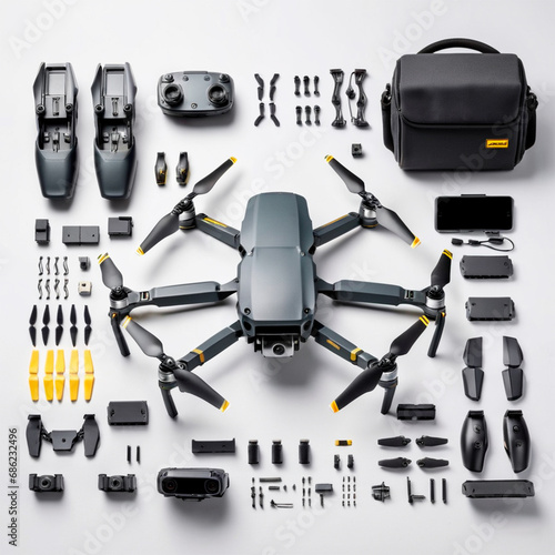 Imagen realista del rediseño de un dron tipo mavic en una vista explosiva y componentes detallados Re-diseño 3