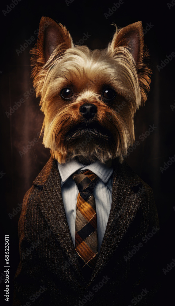 Yorkshire Terrier dog in a business suit on a dark background