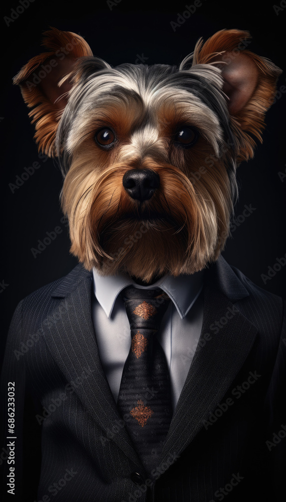Portrait of a Yorkshire Terrier dog in a business suit on a dark background