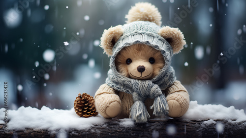 Cute handmade felt toy bear in a knitted hat and scarf standing next to a tree branch against falling snow winter Christmas background with copy space