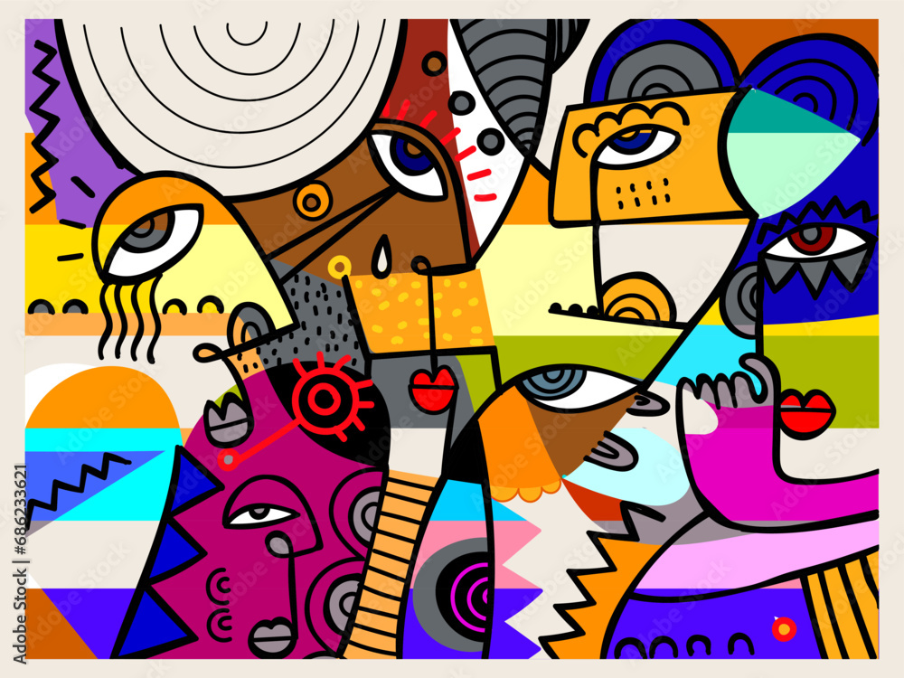 Obraz premium Group of abstract face portrait hand drawn line, doodle vecto