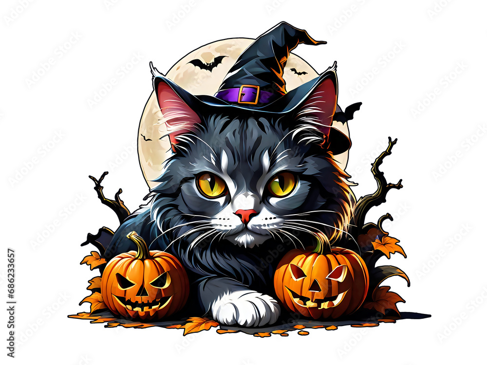 Halloween Cat with Pumpkins and Full Moon Halloween Cat with Pumpkins and Full Moon