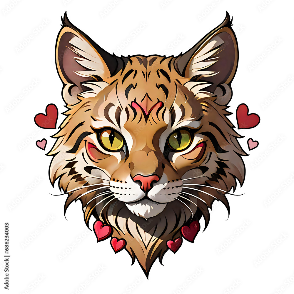 Fototapeta premium Loving Bobcat Illustration with Hearts. solated, high-quality bobcat illustration surrounded by hearts, perfect for wildlife themes, Valentine's decor, and animal lovers.