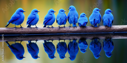 group of blue birds on a br...