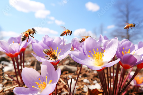 honey bees and flowers in a...