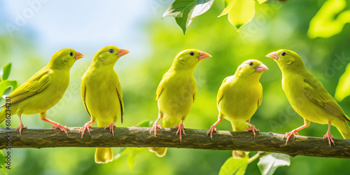 group of yellow bird on a b...
