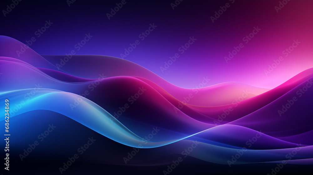 Naklejka premium Blue, pink and purple waves on abstract background. A modern and futuristic design with a gradient of colors and a glow from the horizon. Abstract landscape for the backdrop of a wallpaper