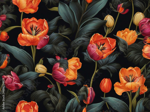 seamless tropical floral pattern of tulip on black background