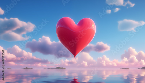 Globo con forma de corazón flotando en un cielo azul con nubes sobre agua.