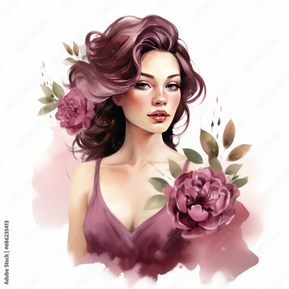 Pretty Girl in Romantic Burgundy Watercolor Clipart