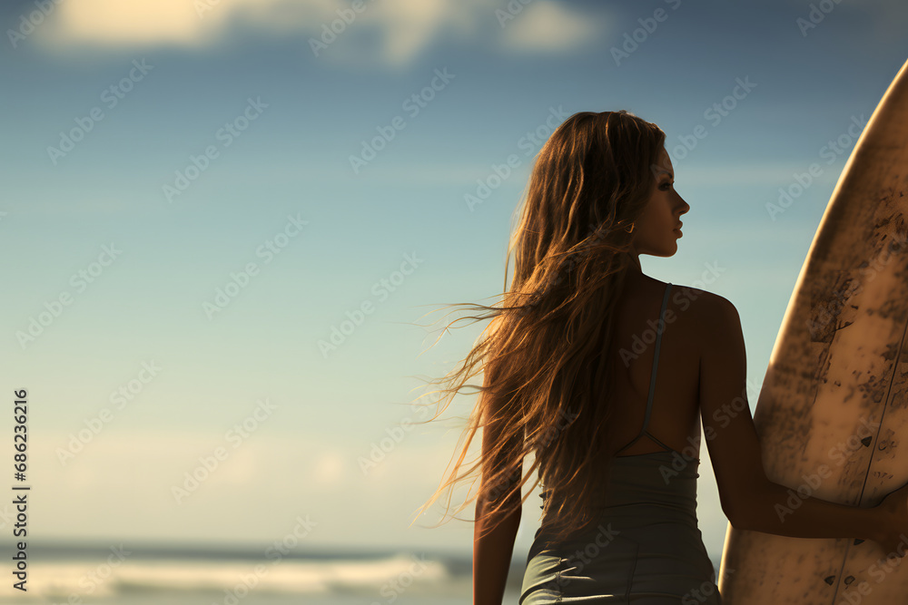 Wellenreitende Eleganz - Schöne Frau am Strand mit Surfbrett genießt den Sommerurlaub Wellenreitende Eleganz - Schöne Frau am Strand mit Surfbrett genießt den Sommerurlaub