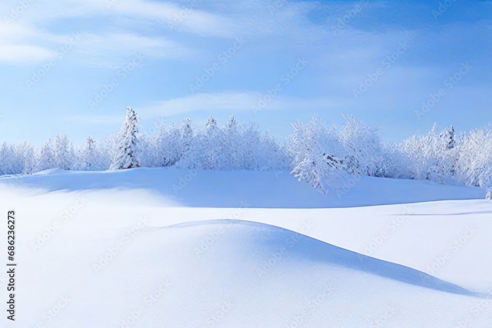 Beautiful winter snowy forest and field with snowdrift, pines and spruces 