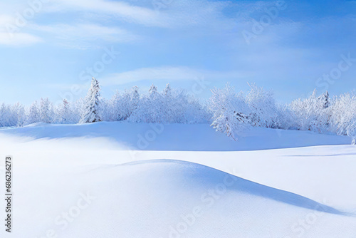 Beautiful winter snowy forest and field with snowdrift, pines and spruces 