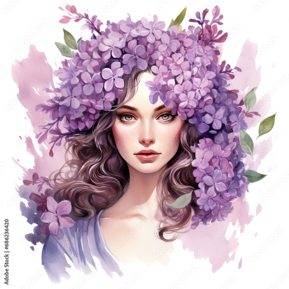 Lilac Flower Lady Watercolor Clipart