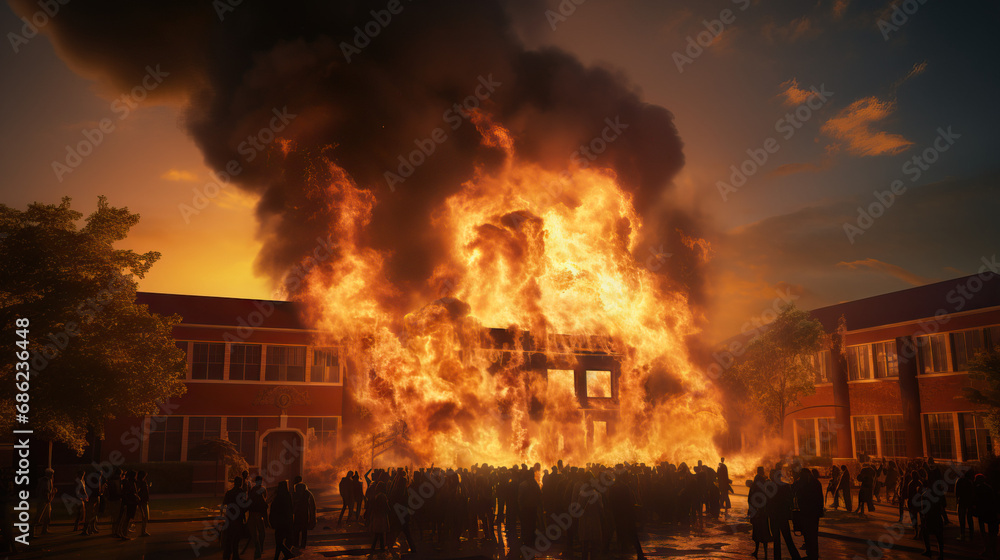 School on fire. Concept of destruction, flames, fire, learning, education. 