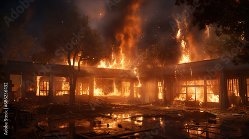 School on fire. Concept of destruction, flames, fire, learning, education. 