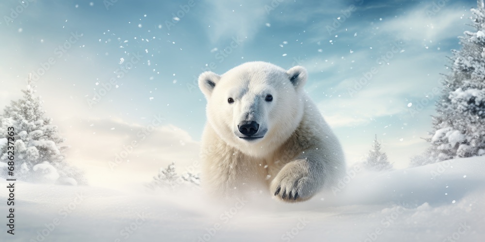 Large polar bear on ice. White bear on blurred snowy background with copy space. Wildlife nature. Melting iceberg and global warming. Climate change concept	