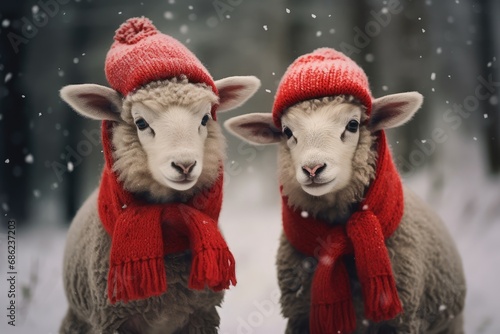 Two sheep wearing in warm red knitted scarf and hat in the snow. Dressed sheep on blurred snowy winter background. Wildlife scene from the wild nature. Christmas banner, card, poster with copy space photo
