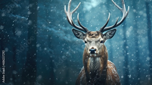 Fallow deer in winter forest. Noble deer male. Banner with beautiful animal in the nature habitat. Wildlife scene from the wild nature landscape. Wallpaper, Christmas background