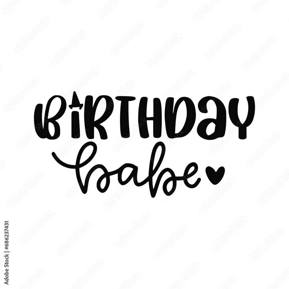 Fototapeta premium Happy Birthday party lettering design. Set of calligraphy quote isolated on white background. Hand drawn birthday cake with candles, balloons. Vector illustration