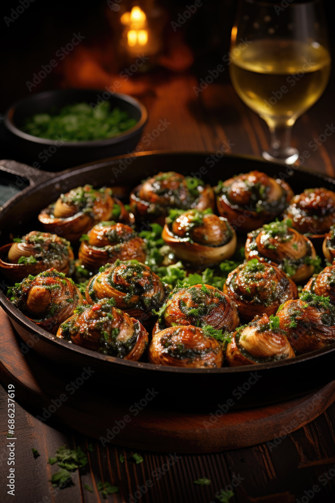 Escargots de Bourgogne on wooden table. French appetizer tradition. Escargots de Bourgogne on wooden table. French appetizer tradition.