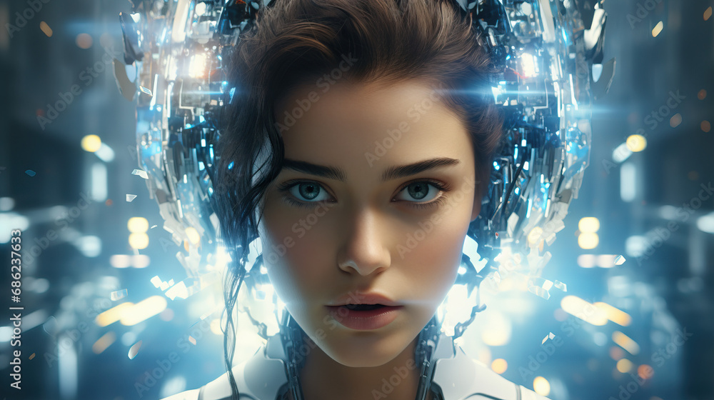 Portrait of an AI visionary, blending human features with futuristic elements to convey a sense of technological innovation. Concept of Cybernetic Vision, Human-Machine Integration. Portrait of an AI visionary, blending human features with futuristic elements to convey a sense of technological innovation. Concept of Cybernetic Vision, Human-Machine Integration.