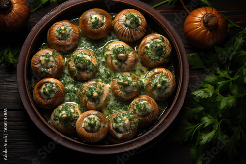 Escargots de Bourgogne on wooden table. French appetizer tradition.