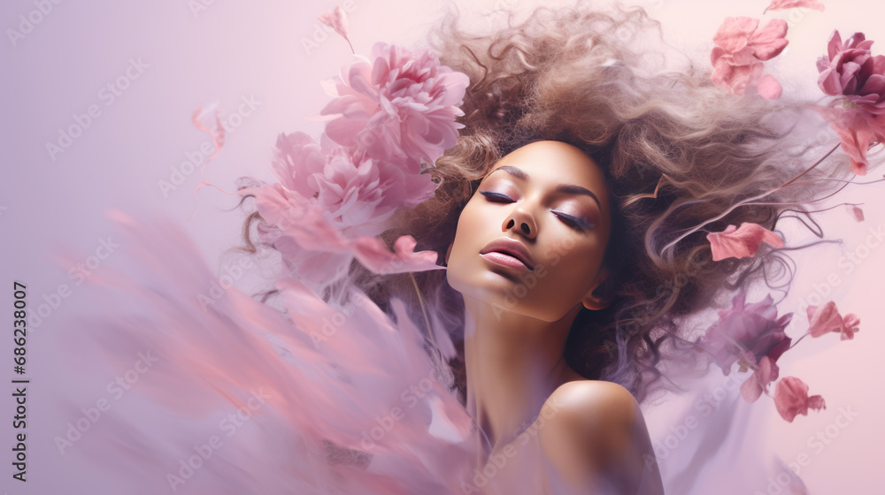 An abstract artistic portrait of a woman with pink flowers over her head against a colorful background An abstract artistic portrait of a woman with pink flowers over her head against a colorful background